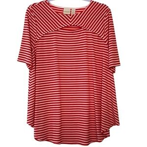 CHICO'S Striped Red White Peek-a-Boo Cutout Top Short Sleeve Flowy Size 1 Flowy